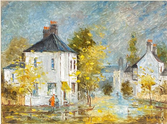 A vibrant impressionist street scene featuring white houses, yellow trees, and a blue sky.
