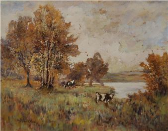 J BLACK Cattle grazing beside a river, - J. Black