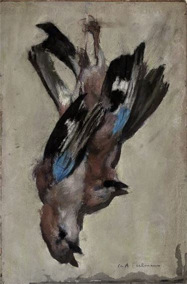 A vertical oil painting of a dead bird hanging upside down against a neutral background.