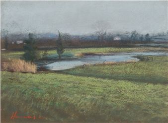 A muted pastel landscape of a marshy field under an overcast sky.