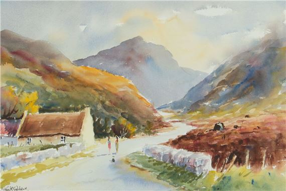 A watercolor landscape of a mountain valley with a stone cottage and distant figures.