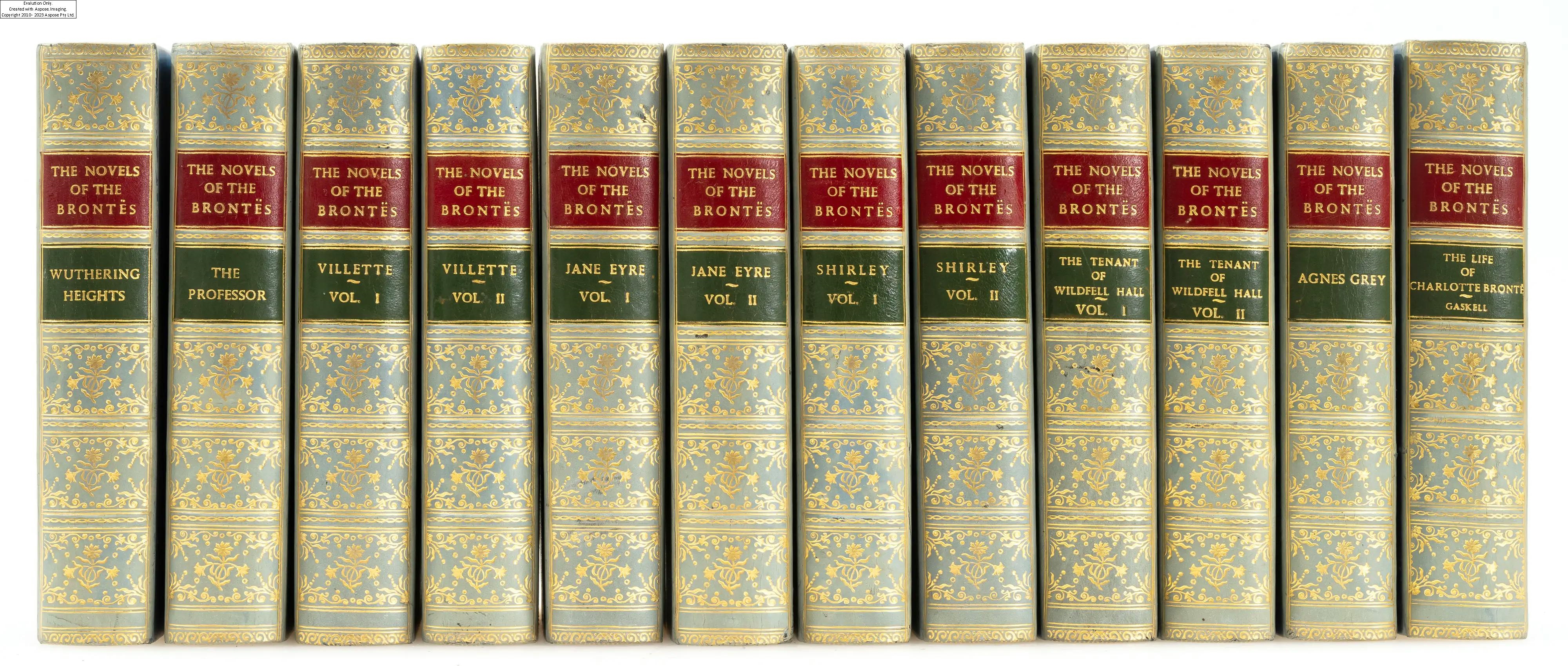 Artwork by Charlotte Brontë, Brontë (Charlotte, Emily and Anne) The Novels, 12 vol., "Thornton edition", Edinburgh..., Made of gilt with green and red