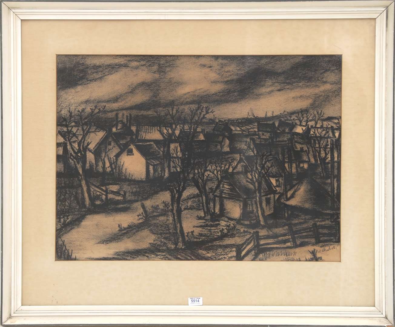 Artwork by Willem Chabot, Stadsgezicht met kale bomen, Made of charcoal on paper
