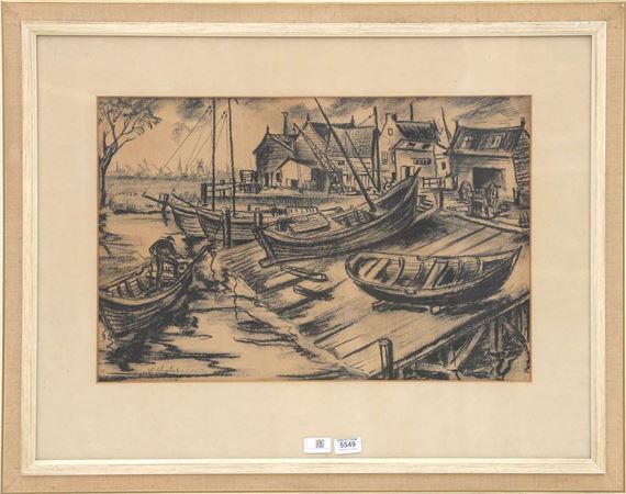 Boten met haven op achtergrond