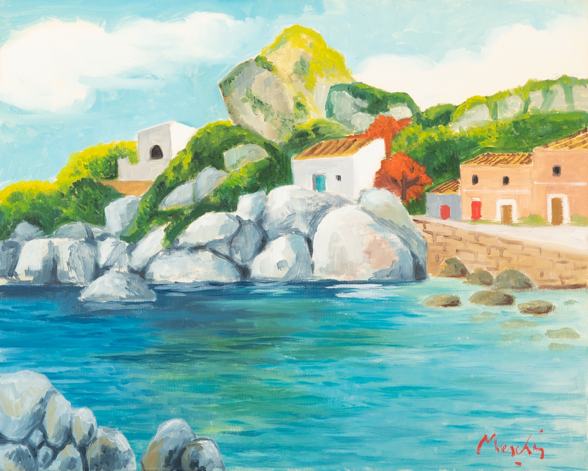 Artwork by Renzo Meschis, Paesaggio marino e caseggiati, Made of oil on canvas