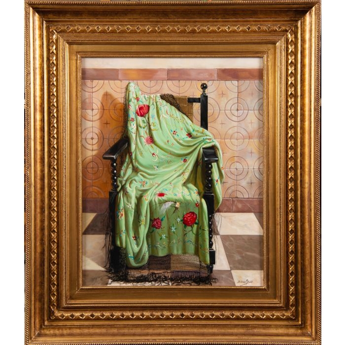 Artwork by Benito Cruz Mesa, Bodegón con butaca y mantón de Manila"", Made of oil on canvas