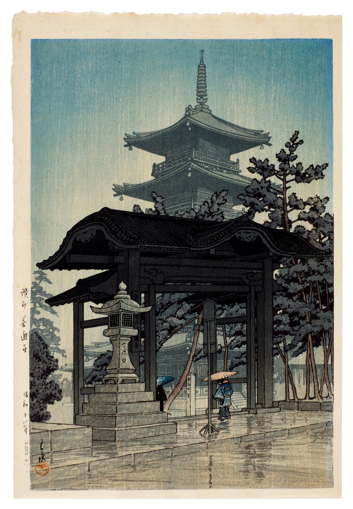 Artwork by Hasui Kawase, Four woodblock prints depicting temples, Made of woodblock print