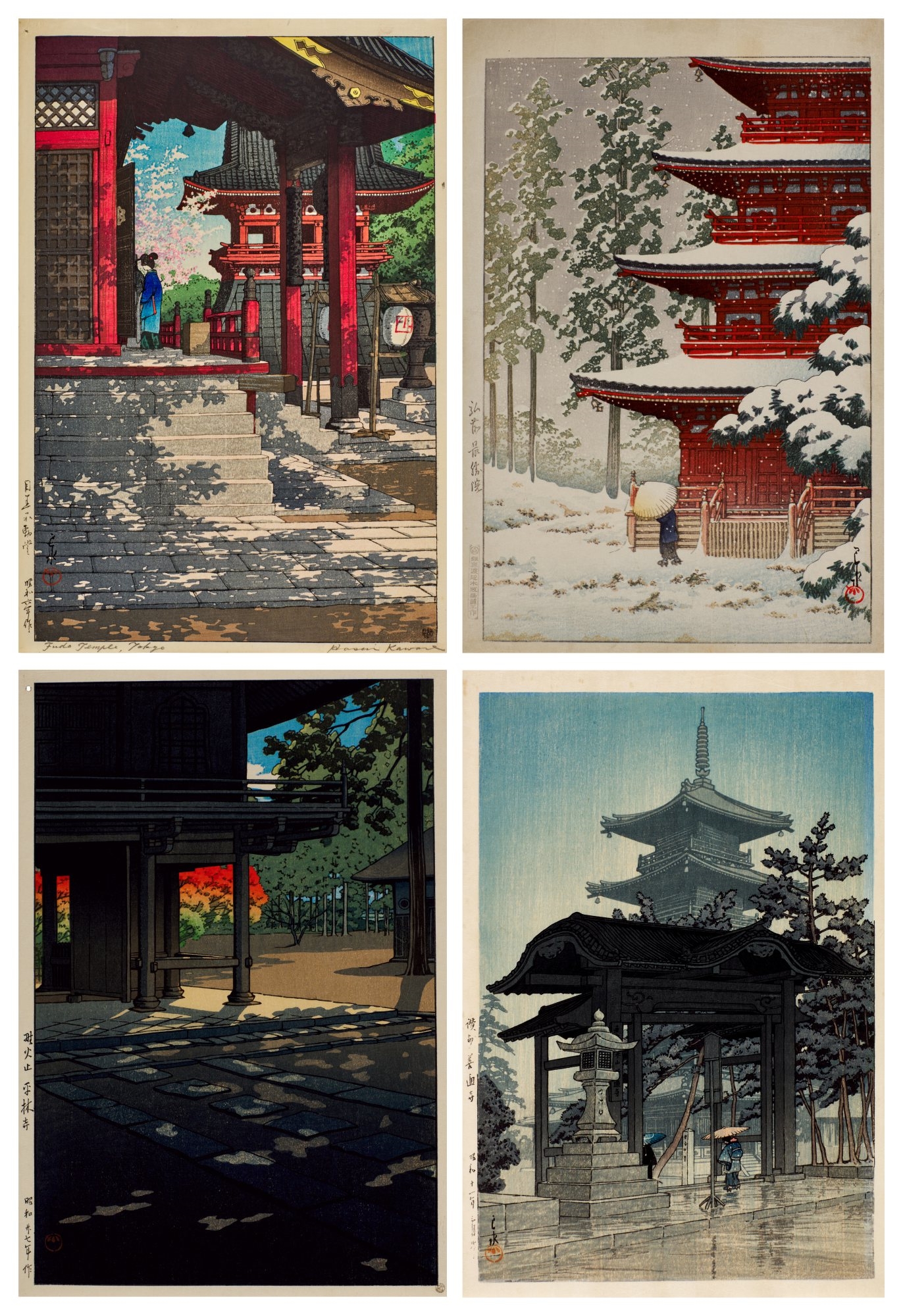 Artwork by Hasui Kawase, Four woodblock prints depicting temples, Made of woodblock print