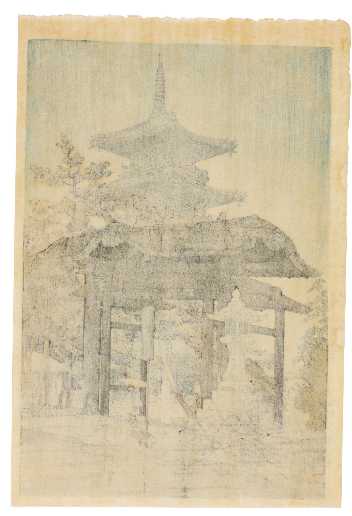 Artwork by Hasui Kawase, Four woodblock prints depicting temples, Made of woodblock print