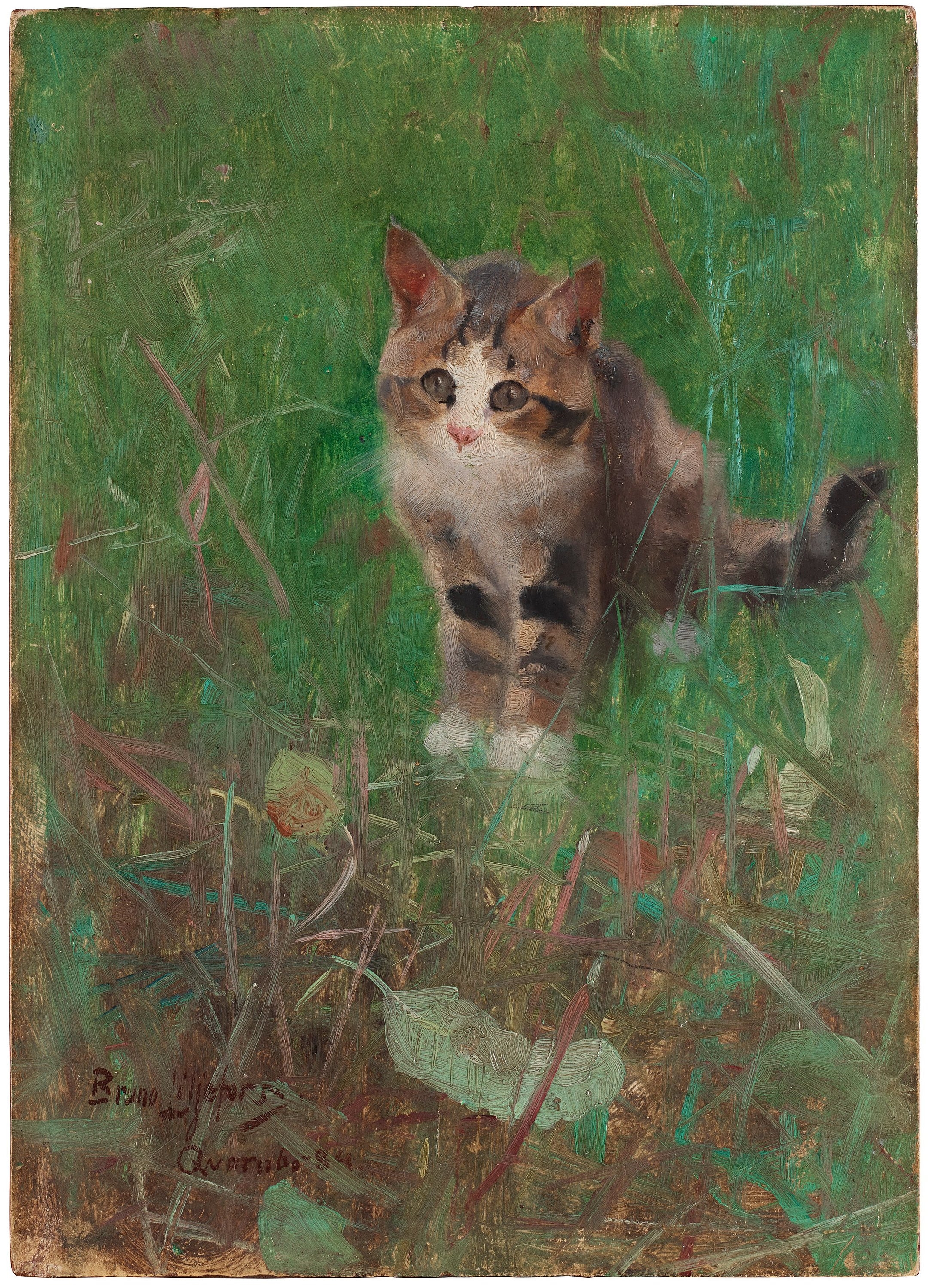 Artwork by Bruno Liljefors, Kitten in the grass, Made of Panel