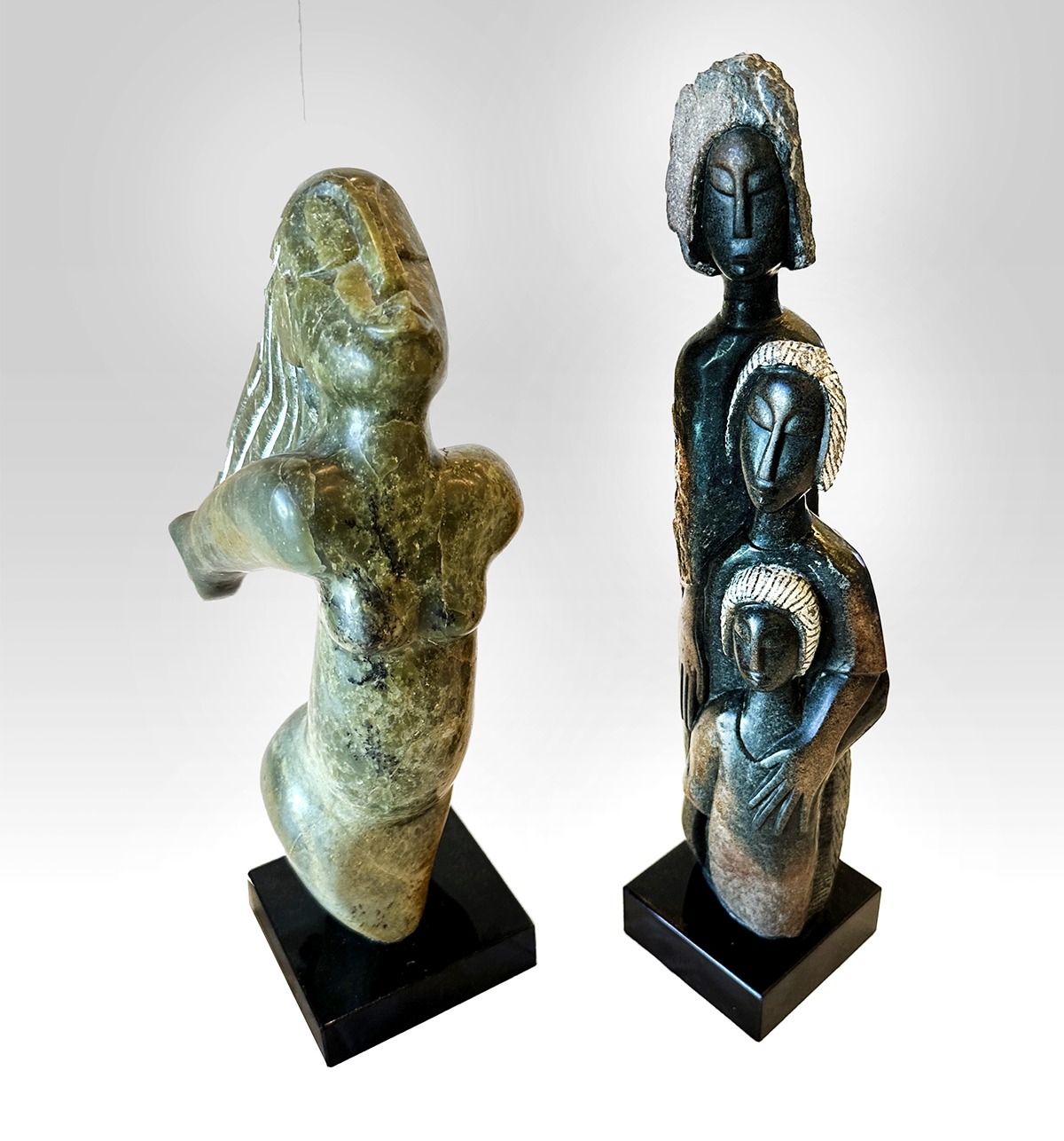 Artwork by Gedion Nyanhongo, NYANHONGO, Gedion, (Zimbabwean, b. 1967): 1) ''Family of Three'', 13.5'' in height, 14.75'' with the marble plinth and applied lazy susan, signed; 2) ''Wish to Fly'', 13.5'' with marble plinth, artist monogram., Made of marble plinth and applied