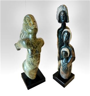 NYANHONGO, Gedion, (Zimbabwean, b. 1967): 1) ''Family of Three'', 13.5'' in height, 14.75'' with the marble plinth and applied lazy susan, signed; 2) ''Wish to Fly'', 13.5'' with marble plinth, artist monogram. - Gedion Nyanhongo