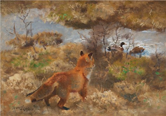 Fox on duck hunting by Bruno Liljefors