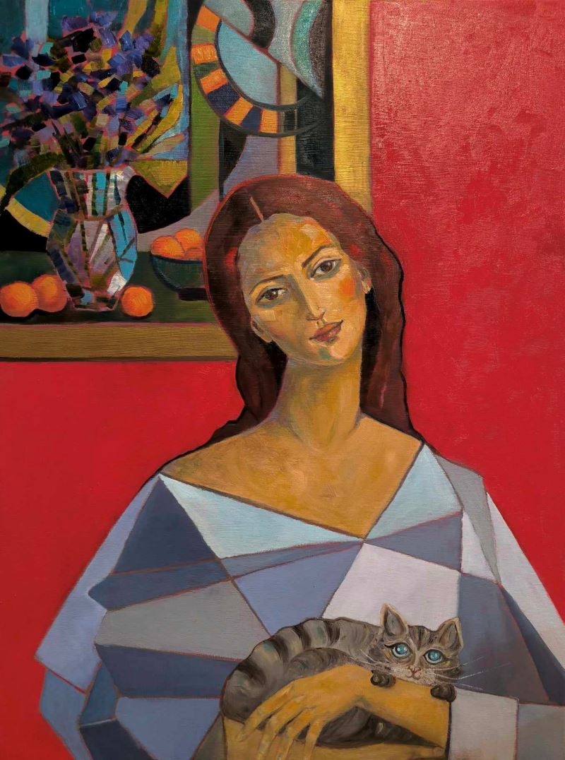 Artwork by Krystyna Ruminkiewicz, One geometric one with a cat, Made of Oil, Canvas,