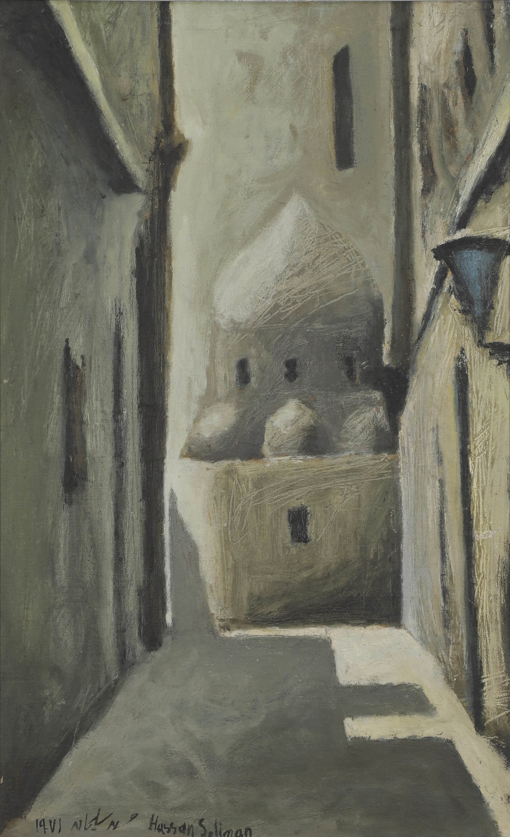 Artwork by Hassan Soliman, Vue d’une mosquée, 1971, Made of oil on canvas