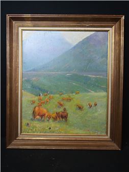 . Paysage de montagnes et vaches. - Albert Mauguiere