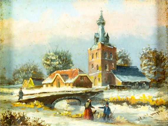 Winter Village Scene by W van Kampen