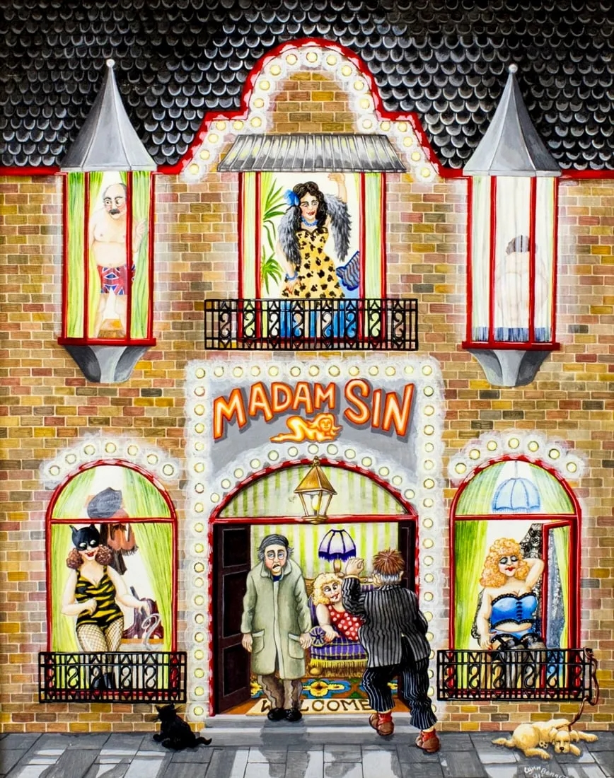 Artwork by Lynn Bennet, Brothel Madam Sin, Made of acrylic on board