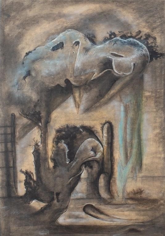 Artwork by James Rutlegde, James Rutledge Surrealist Composition Mixed Media, Made of Ink, Watercolor, and Pastel on Paper