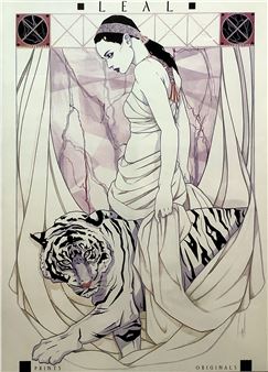 A stylized portrait of a figure in flowing robes standing over a white tiger, rendered in an Art Nouveau-inspired aesthetic.