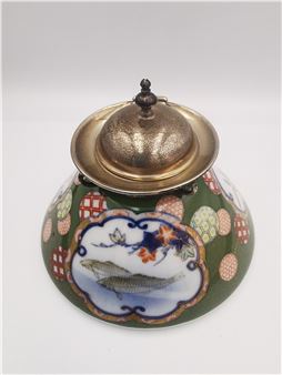 an Edwardian silver topped hand painted Japanese porcelain conical inkwell - Seiji Fukagawa
