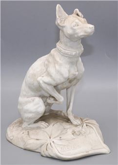 After Charlotte Stephanie  - Volkstedt biscuit  model of Zezette a Manchester terrier, seated on naturalistic base - Emile Bertrand