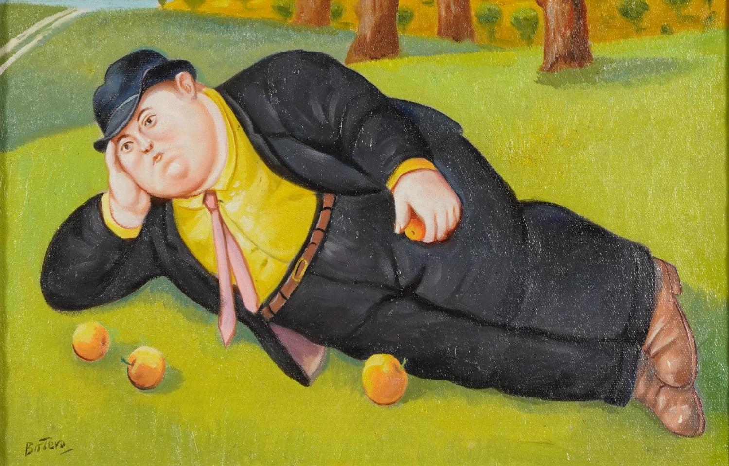 Artwork by Fernando Botero, Manner of Fernando Botero - Man in a field with four oranges, Made of oil on board, mount