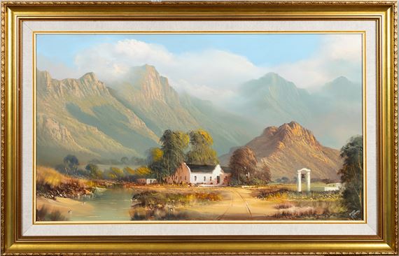 Cape farmhouse with mountains and a bell by Danie Van Niekerk