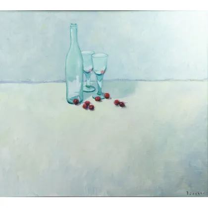 Stilleven met kersen en flessen by Caroline Fischer