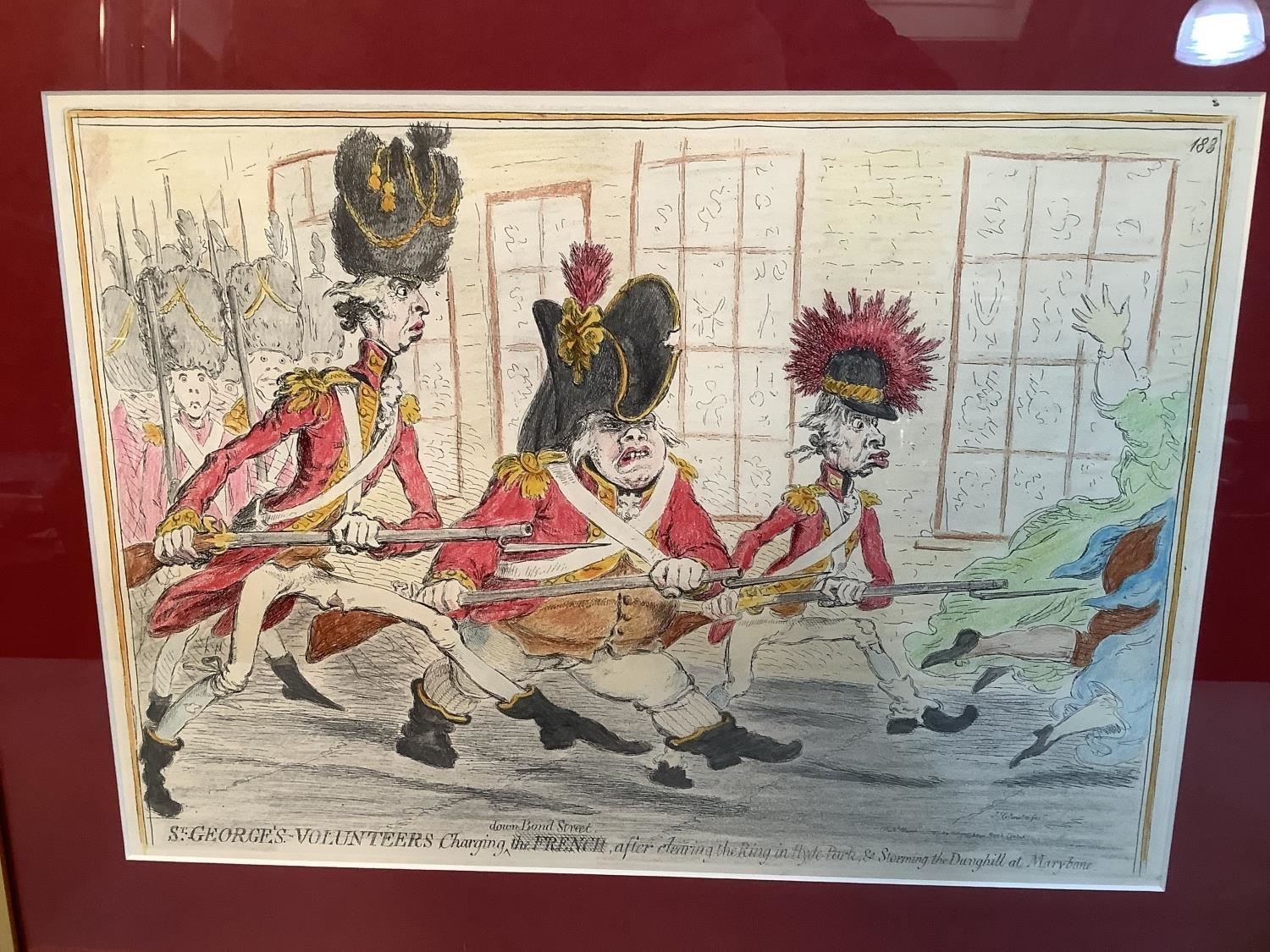 Artwork by James Gillray, St George's Volunteers charging down Bond Street, after clearing the Ring in Hyde Park, Made of hand coloured engraving