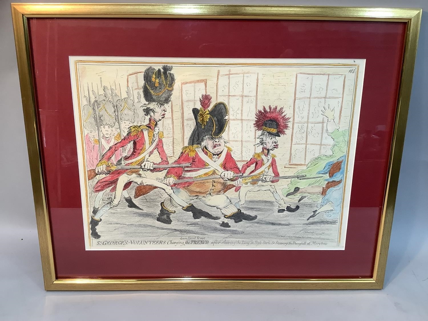 Artwork by James Gillray, St George's Volunteers charging down Bond Street, after clearing the Ring in Hyde Park, Made of hand coloured engraving