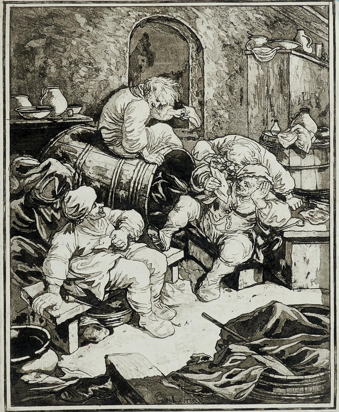 Artwork by Johann Gottlieb Prestel, Vier Bauern neben den Fässern sitzend, Made of aquatint etching