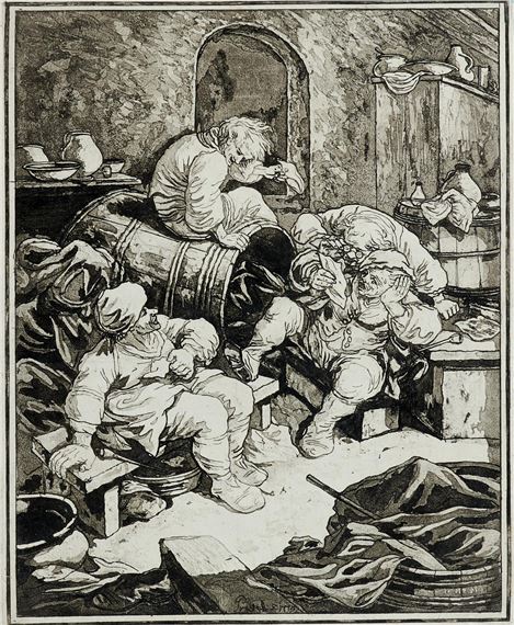 Vier Bauern neben den Fässern sitzend by Johann Gottlieb Prestel, 1775