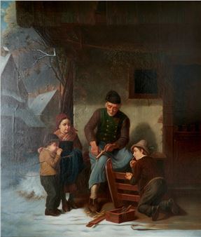 Großvater mit Kindern im Winter vor dem Haus - Hanno Rhomberg