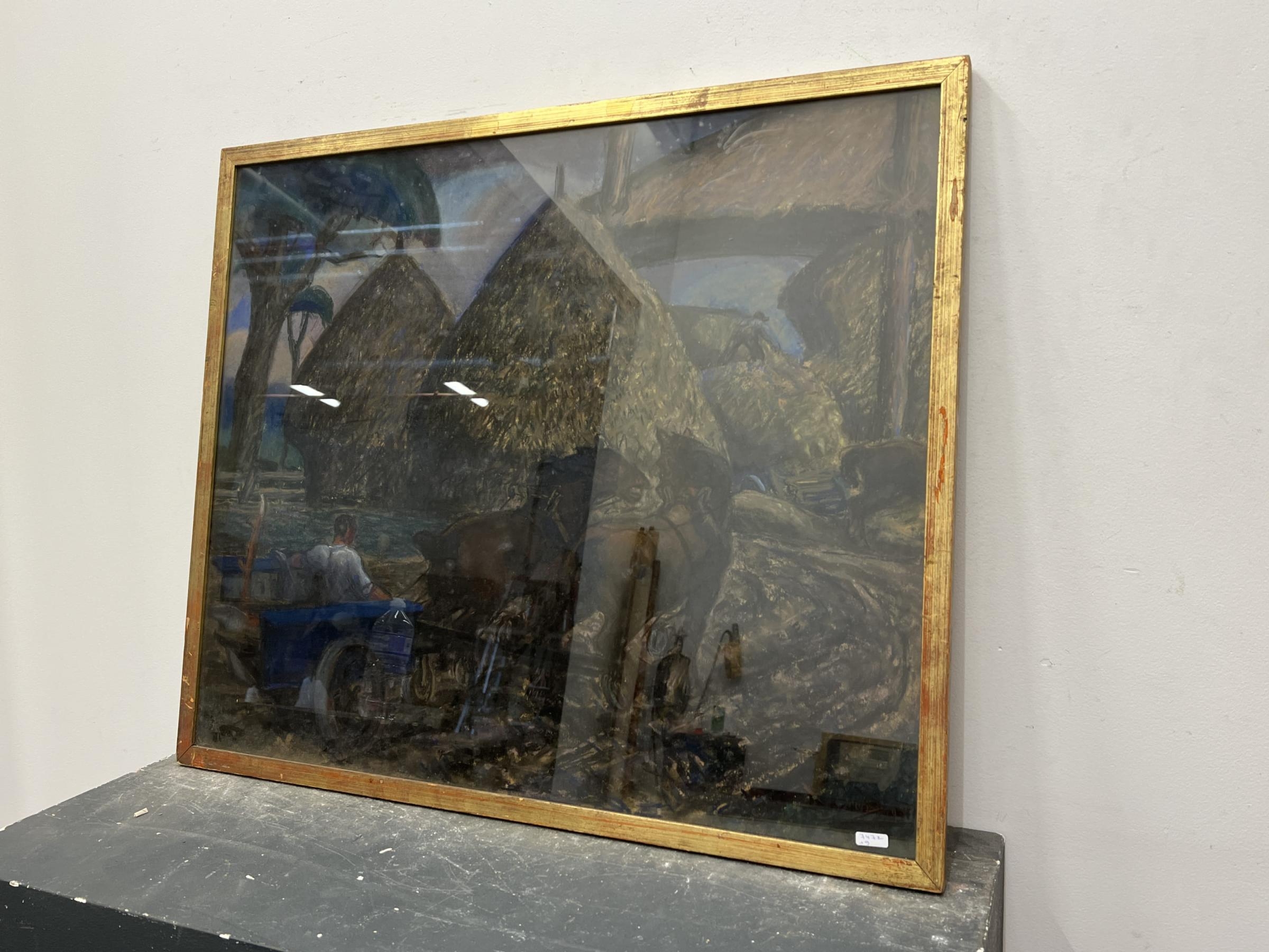 Artwork by Dan Bout, Chevaux aux meules de foin, Made of pastel