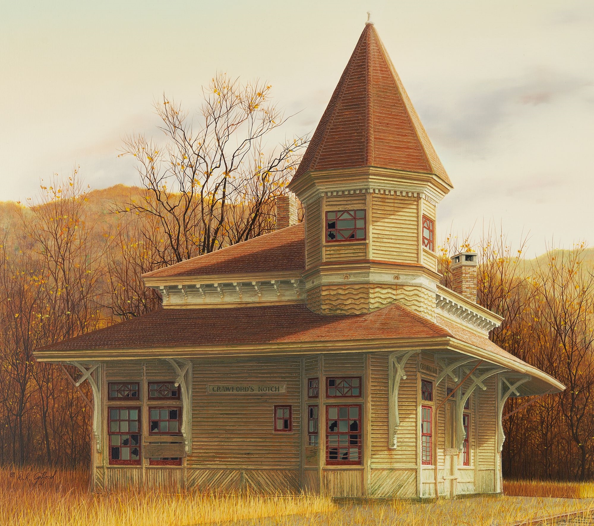 Artwork by Douglas K. Gifford, Douglas Gifford Oil Painting, Crawford's Notch Train Station, New Hampshire, Made of acrylic on canvas painting