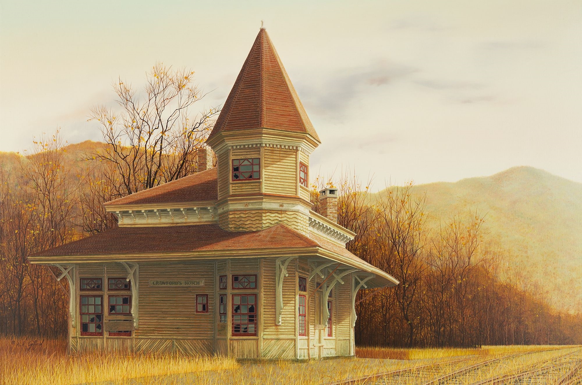 Artwork by Douglas K. Gifford, Douglas Gifford Oil Painting, Crawford's Notch Train Station, New Hampshire, Made of acrylic on canvas painting