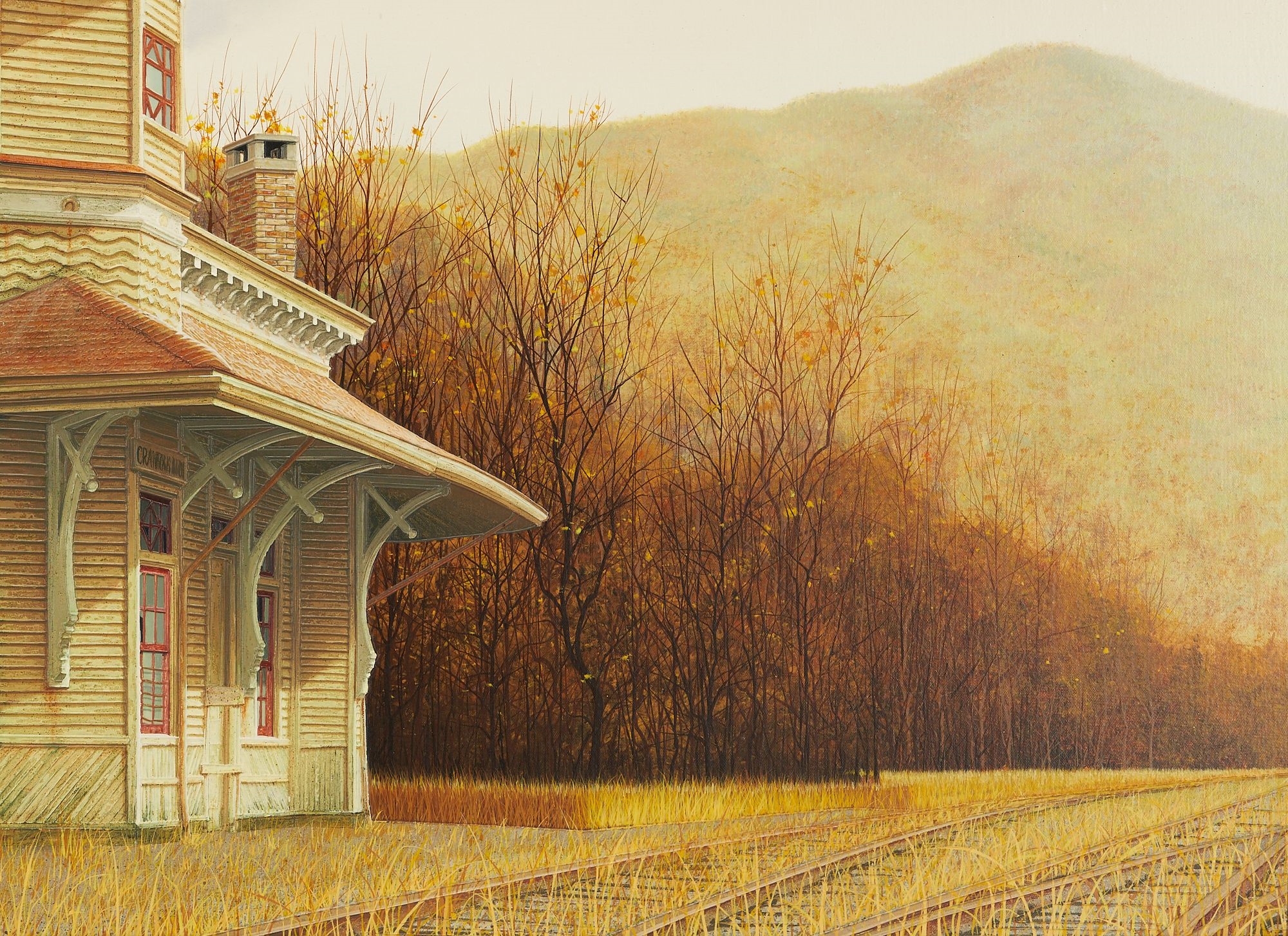 Artwork by Douglas K. Gifford, Douglas Gifford Oil Painting, Crawford's Notch Train Station, New Hampshire, Made of acrylic on canvas painting