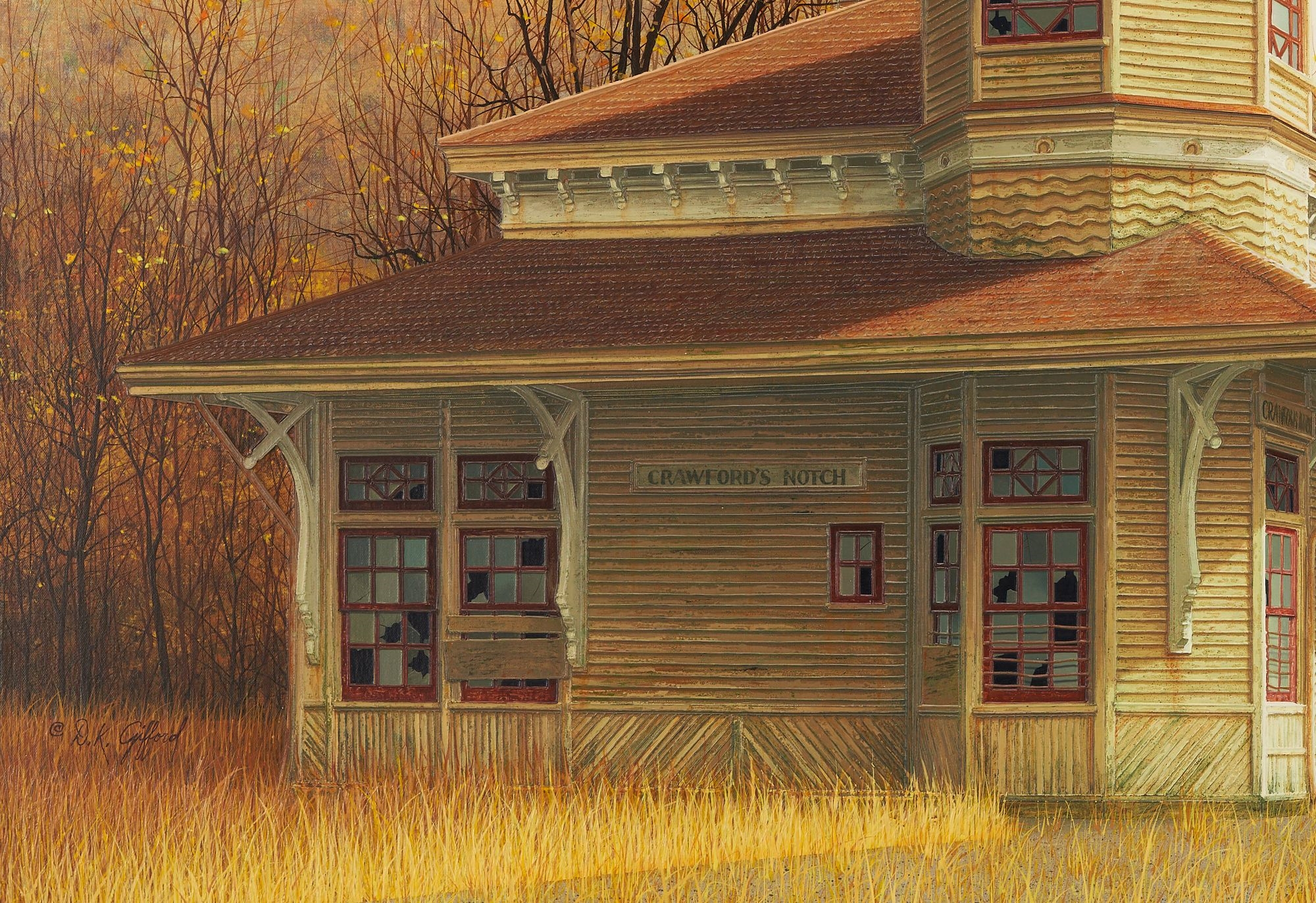 Artwork by Douglas K. Gifford, Douglas Gifford Oil Painting, Crawford's Notch Train Station, New Hampshire, Made of acrylic on canvas painting