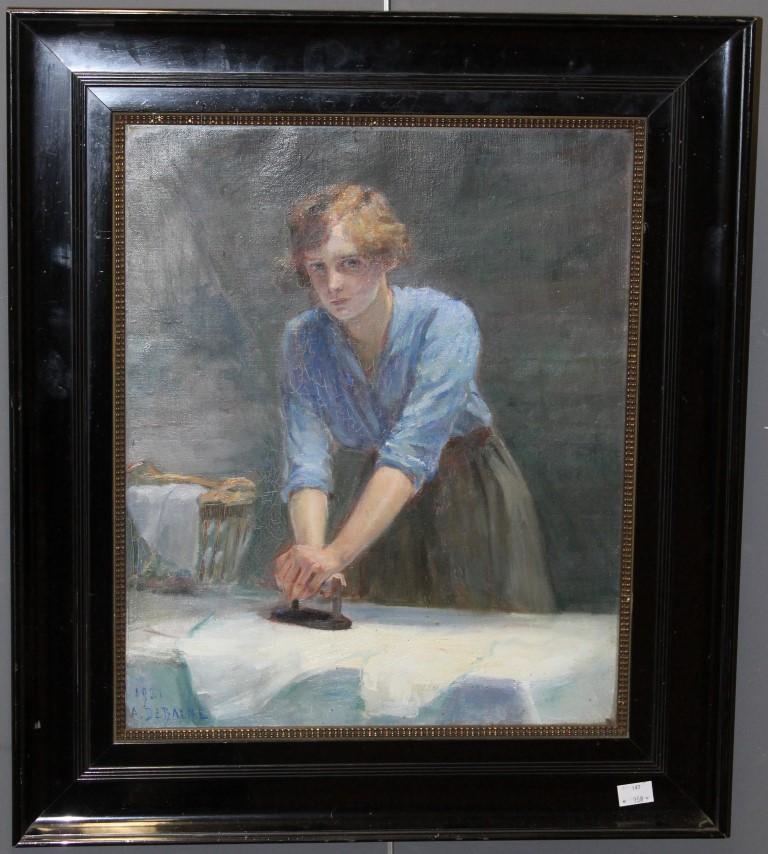 Artwork by Alphonse Jules Debaene, Alphonse Jules Debaene ( French  19th/20th century) A maid pressing table linen, Made of Oil on canvas