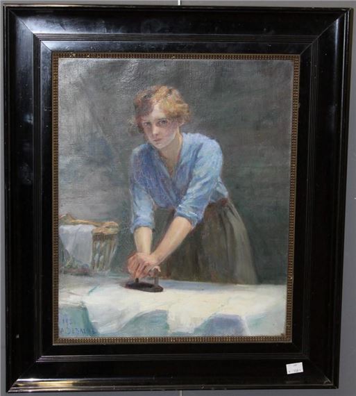 Alphonse Jules Debaene ( French  19th/20th century) A maid pressing table linen by Alphonse Jules Debaene, dated 1921