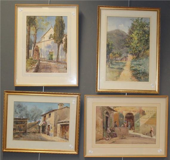 Alice Wyatt ( 20th century British) A whitewashed chapel with mature trees by Alice Wyatt, dated 1930