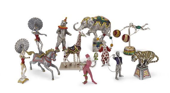 A GROUP OF AMERICAN SILVER AND ENAMEL CIRCUS FIGURES by Gene Moore, circa 1990