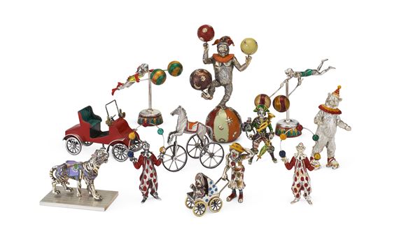 A GROUP OF AMERICAN SILVER AND ENAMEL CIRCUS FIGURES by Gene Moore, circa 1990