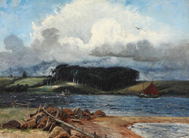 Coastal scenery with a storm coming up, presumably from Kolding fjord by Thorvald Simon Niss, dated 1899