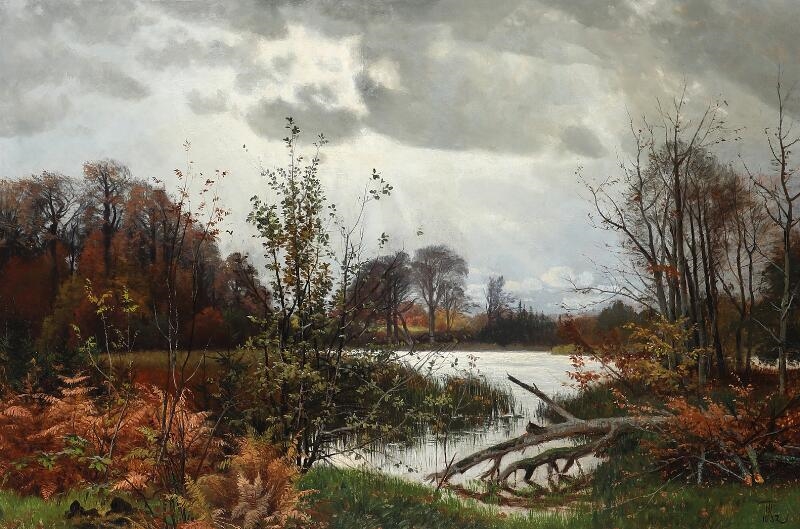 Autumn scenery by a forest lake by Thorvald Simon Niss, 1882