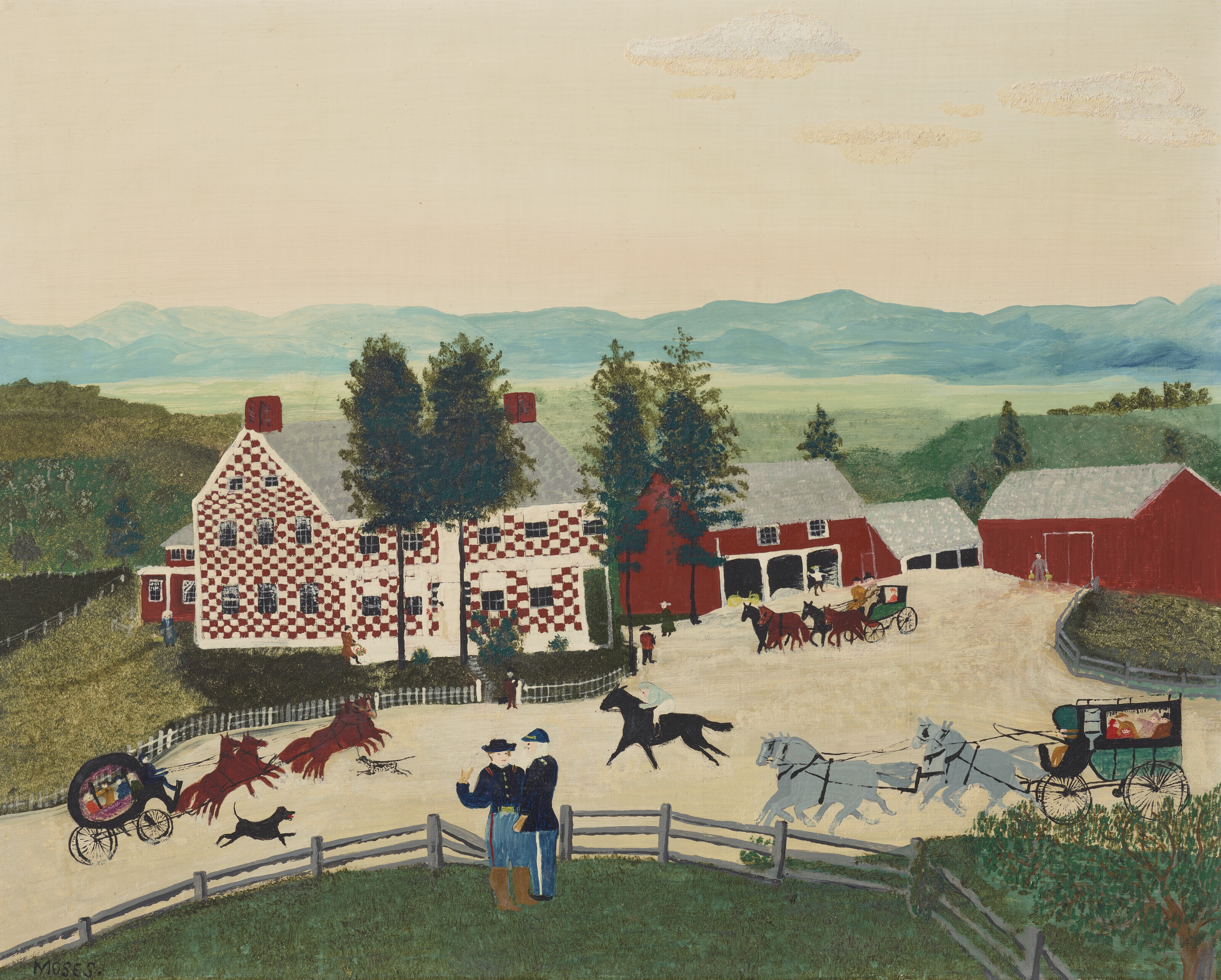 Artwork by Grandma Moses, The Old Checkered House in 1860, Made of oil on masonite