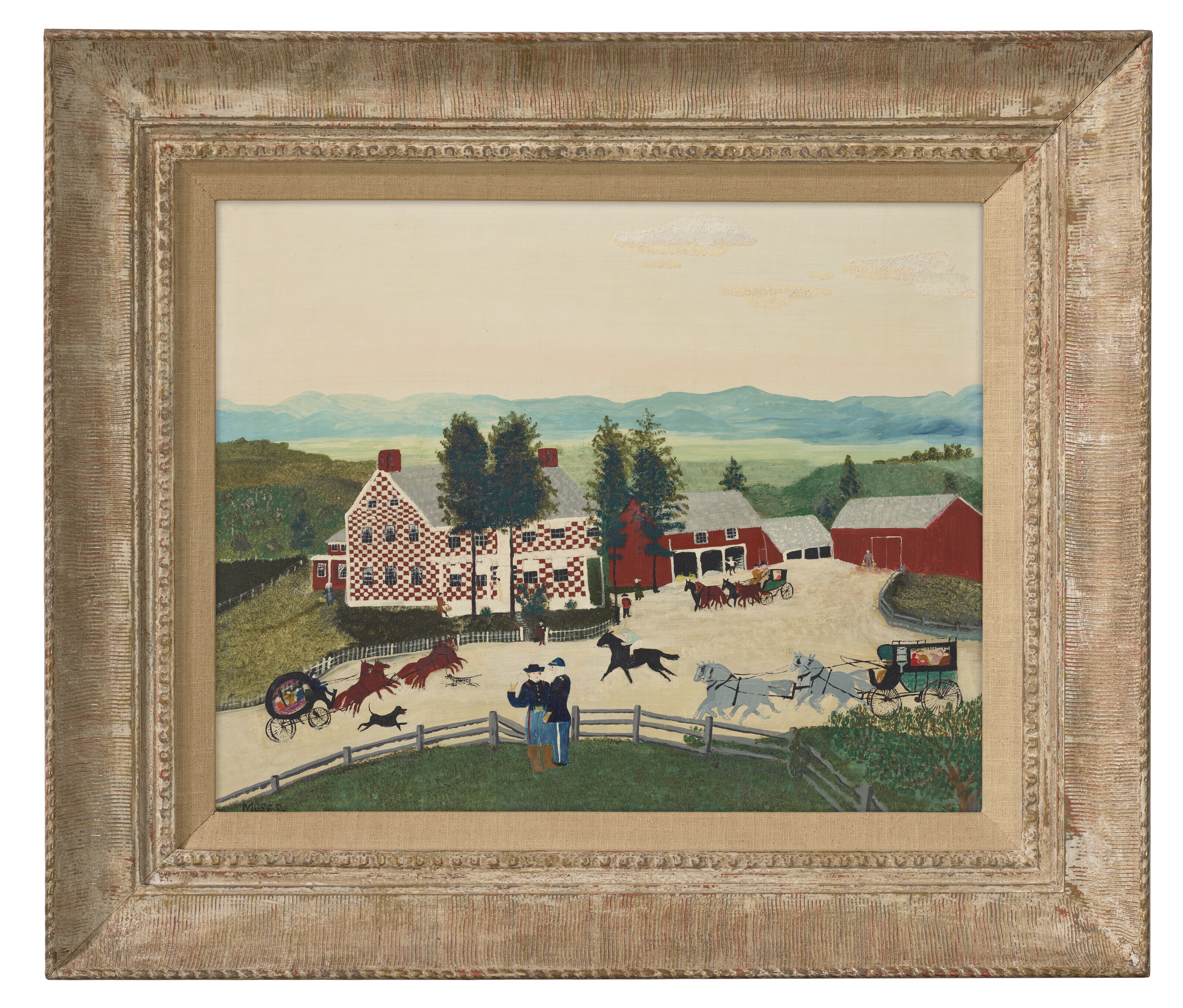 Artwork by Grandma Moses, The Old Checkered House in 1860, Made of oil on masonite