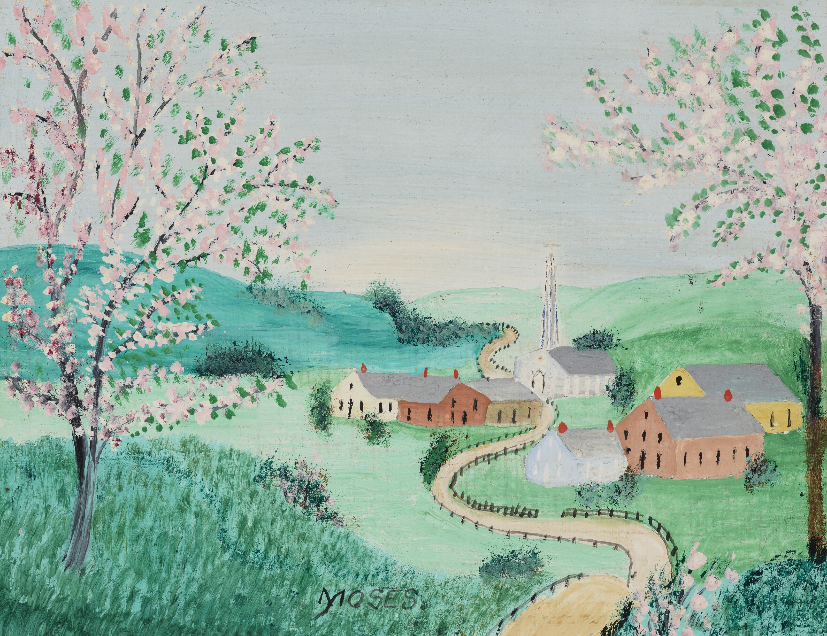 Artwork by Grandma Moses, When the Apples are in Blossom, Made of oil on masonite