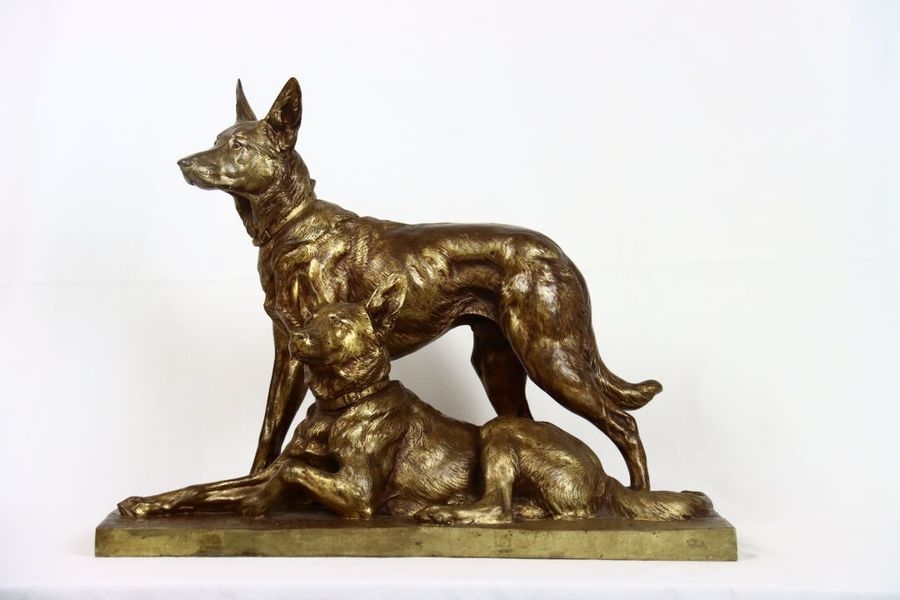 Artwork by Charles Paillet, Gilt patina bronze group featuring two dogs, Made of gilt patina bronze